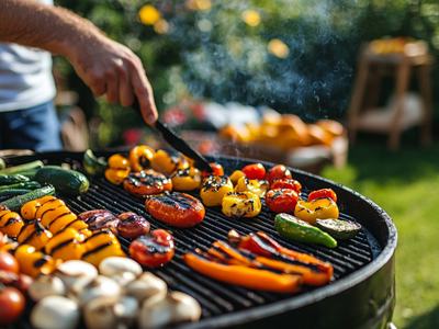 vegetables on a grill with a hand turning them with a tong
