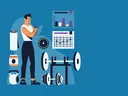 Person in a gym with weights, calendar.