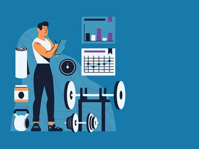 Person in a gym with weights, calendar.