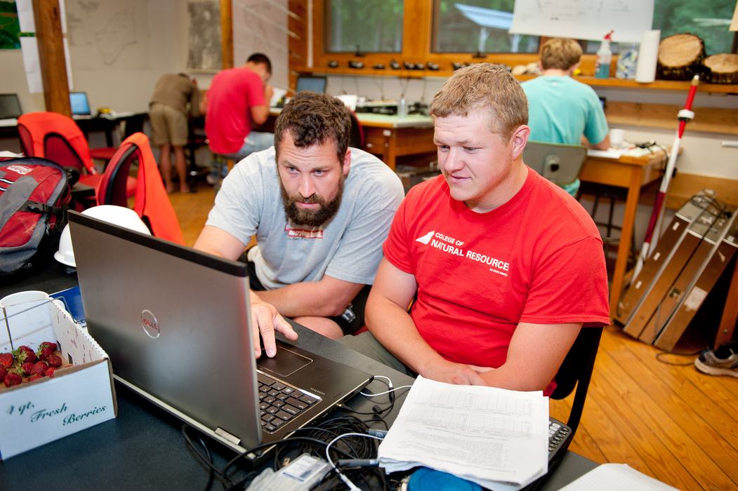 Two people in college of natural resources t-shirts work at a laptop 