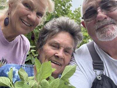 Three older adults close together outdoors holding a bunch of green plant leaves