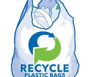 Plastic bag with green-blue recycle symbol and text "RECYCLE PLASTIC BAGS"