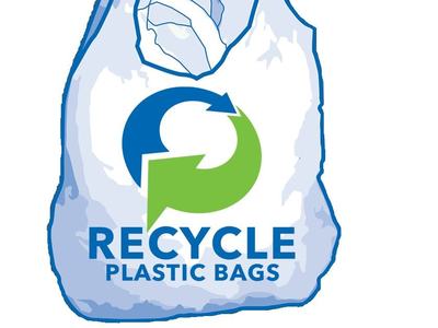 Plastic bag with green-blue recycle symbol and text "RECYCLE PLASTIC BAGS"