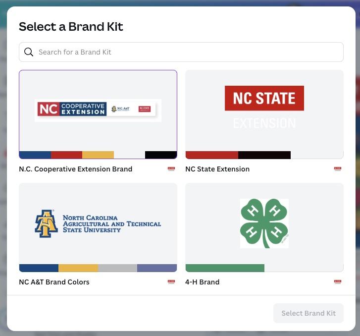 Screenshot of Brand Kit Selection screen in Canva