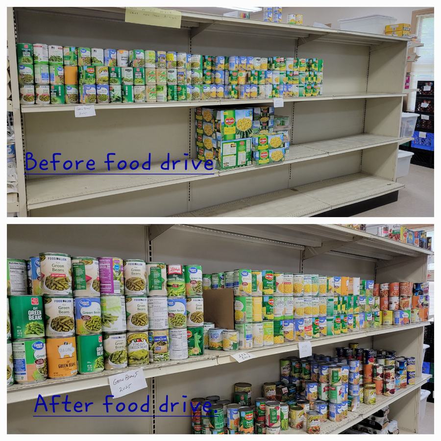 OCIM Pantry before and after a food drive donation. Shows shelves now stocked with canned goods.