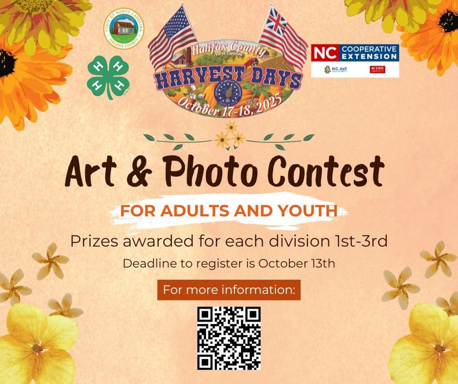 "Art & Photo Contest for adults and youth — register by October 13. QR code"