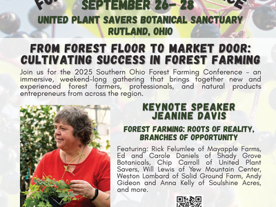 Conference flier for the 2025 Southern Ohio Forest Farming Conference featuring Jeanine Davis as keynote speaker