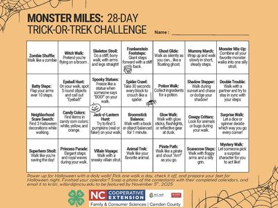 Monster Miles 28-day Trick-or-Trek challenge calendar with daily walking tasks