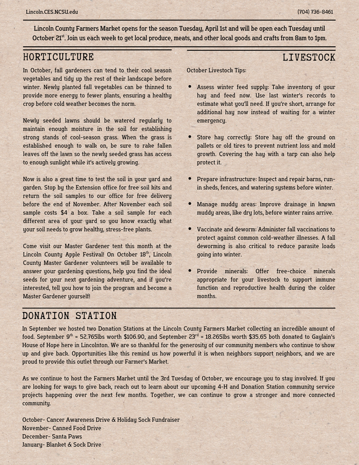 page 3 of October 2025 newsletter with horticulture, livestock, and donation station updates