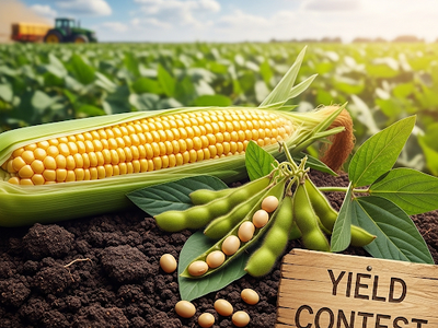 SIGN THAT SAYS YIELD CONTEST WITH AN EAR OF CORN AND SEVERAL PODS OF SOYBEANS
