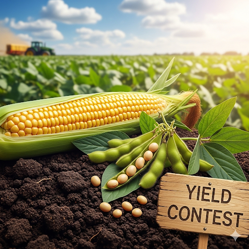 SIGN THAT SAYS YIELD CONTEST WITH AN EAR OF CORN AND SEVERAL PODS OF SOYBEANS