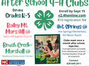 After School 4-H Clubs flyer — Grades K–5; enroll by Sept 15 at v2.4honline.com; $10 fee