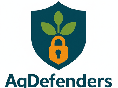 Shield with plant and padlock icon above the text "AgDefenders"