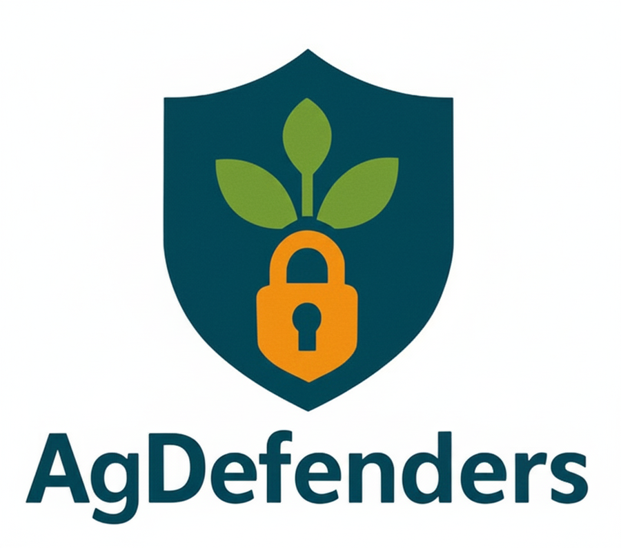 Shield with plant and padlock icon above the text "AgDefenders"