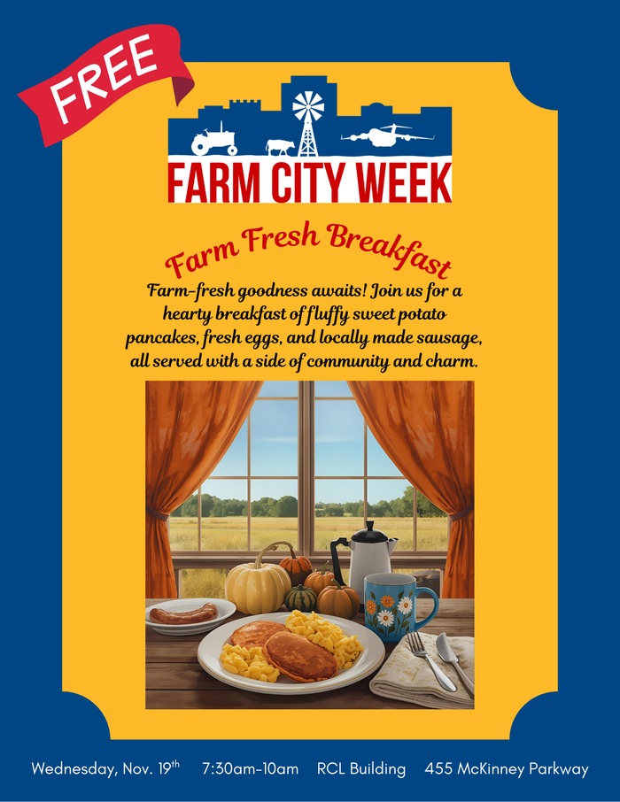 FREE Farm City Week poster: "Farm Fresh Breakfast" text and breakfast plate by window