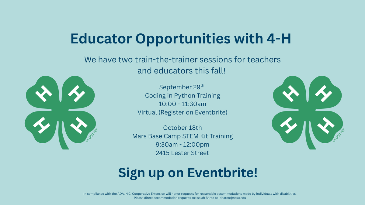 Educator Opportunities with 4-H. We have two train-trainer sessions for teachers and educators this fall!