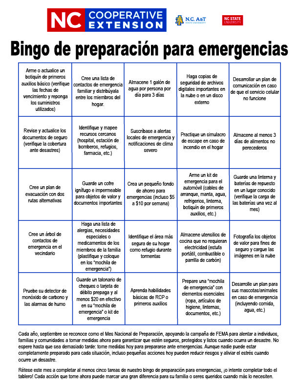 Emergency Preparedness Bingo Spanish