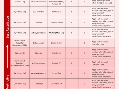 Fall Armyworm Control in Pastures and Forages table listing insecticide classes, active ingredients, timing
