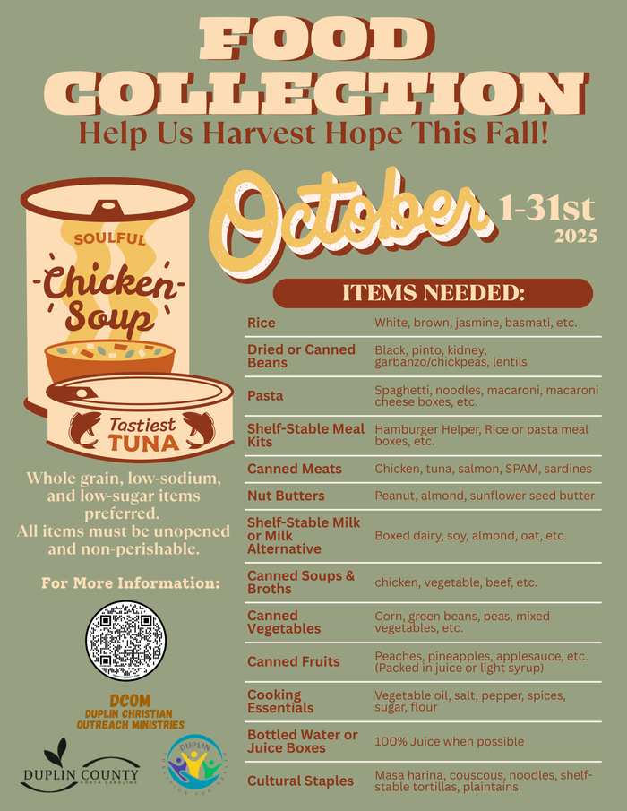 green background with image of soup can and summary of suggested items for donation for food drive further elaborated in text below