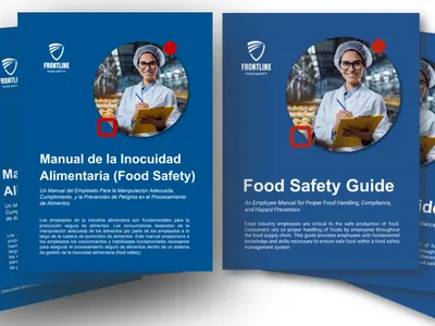 Stack of blue booklets titled "Food Safety Guide" and "Manual de la Inocuidad Alimentaria (Food Safety)"