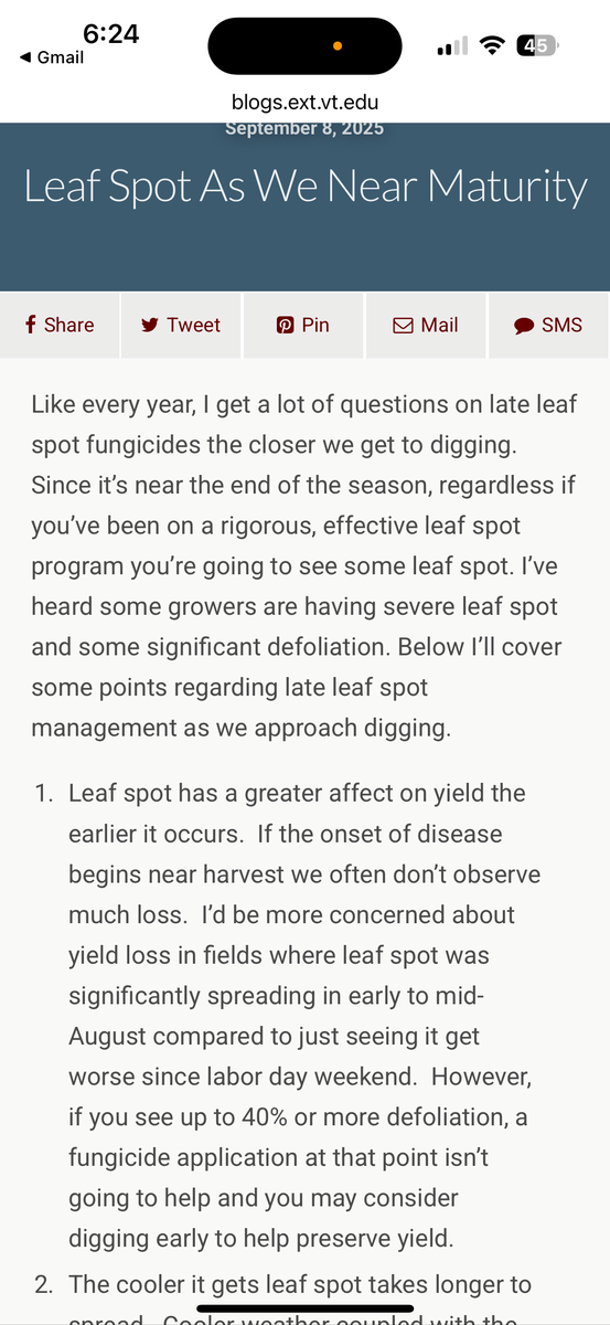 Blog page titled "Leaf Spot As We Near Maturity" from blogs.ext.vt.edu, Sept 8, 2025