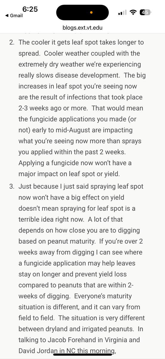 Webpage from blogs.ext.vt.edu showing text about leaf spot and fungicide application