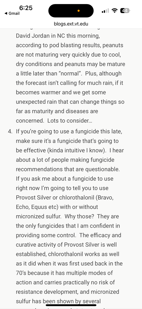 Mobile screenshot of blog page blogs.ext.vt.edu showing text recommending Provost Silver or chlorothalonil