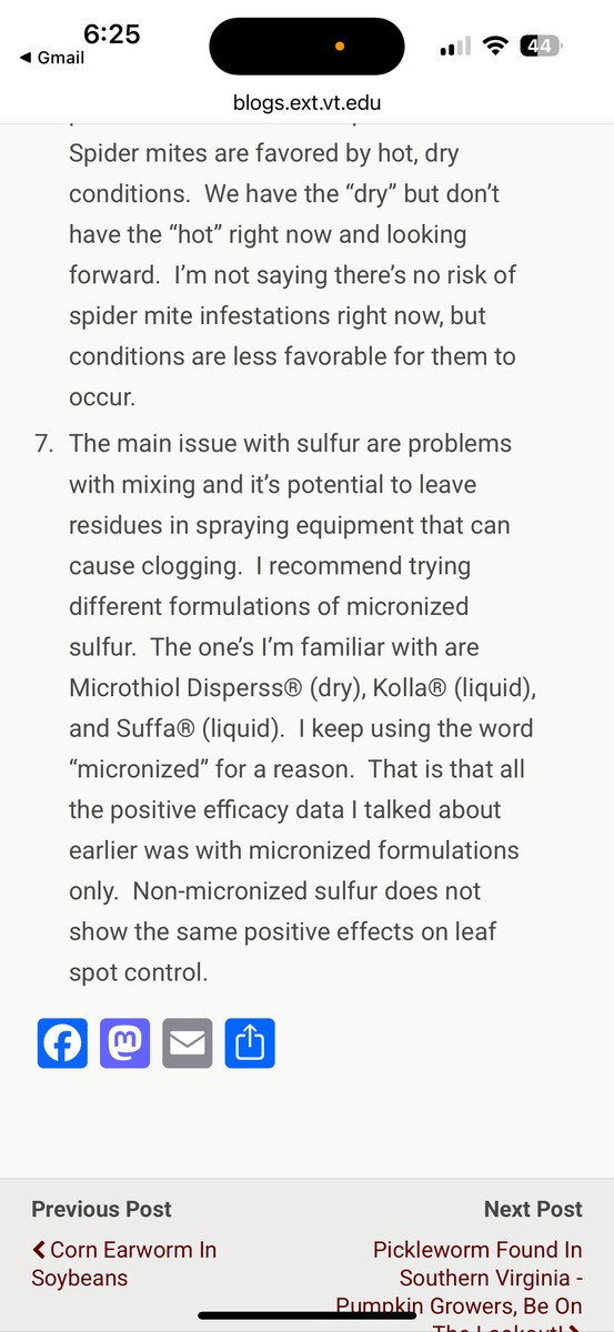 Mobile webpage from blogs.ext.vt.edu showing paragraph #7 about sulfur and micronized formulations
