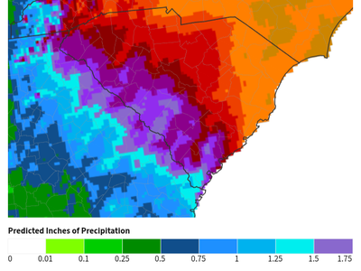 7-Day Quantitative Precipitation Forecast for September 25-October2, 2025. Showing rain fall amounts from 1 inches in Georgia to upwards of 5-10 inches in South and North Carolina.