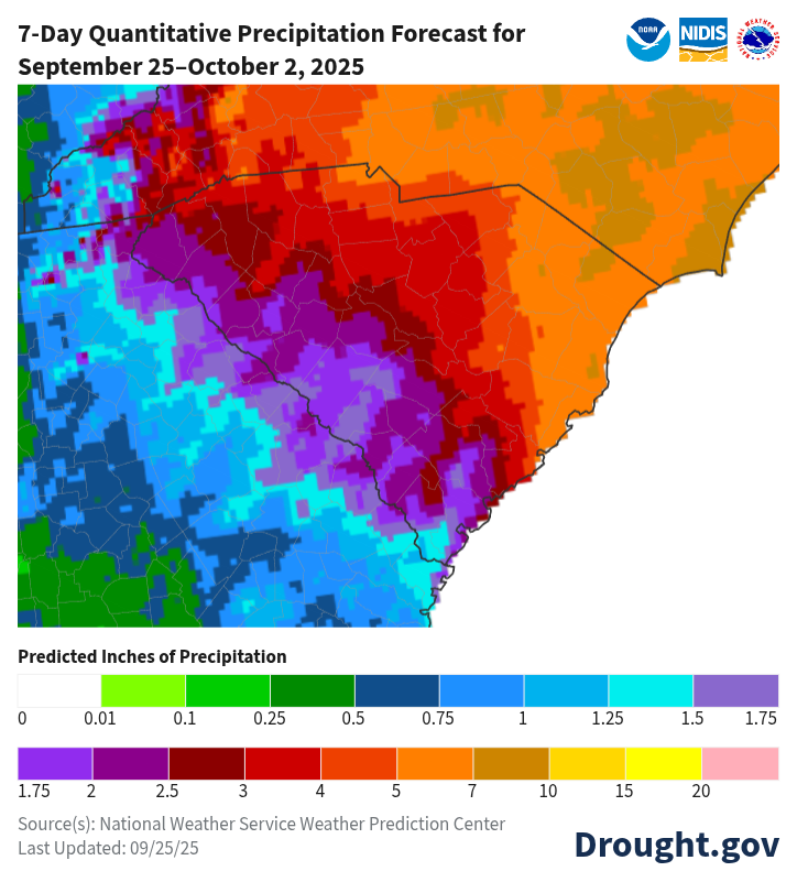 7-Day Quantitative Precipitation Forecast for September 25-October2, 2025. Showing rain fall amounts from 1 inches in Georgia to upwards of 5-10 inches in South and North Carolina.