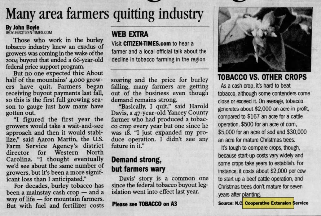 2006 newspaper article about farmers leaving the tobacco business.