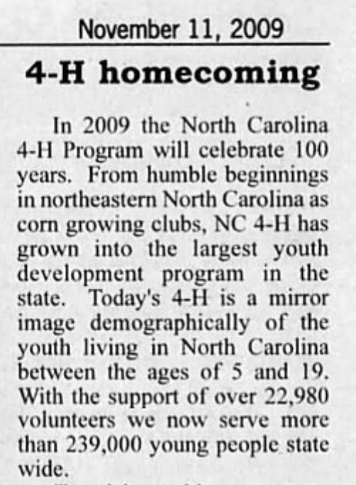 Newspaper article about the 100th anniversary of 4H Club work in North Carolina. 