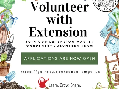 Volunteer with Extension flyer; "Applications are now open"; URL: go.ncsu.edu/cabco_emgv_26