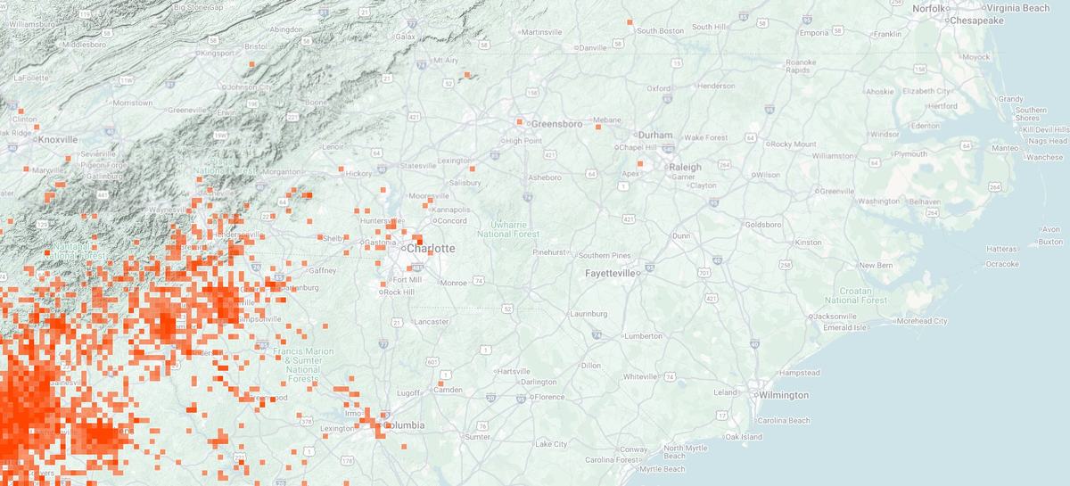 Map with red dots in SC, GA, and western NC indicating areas where Joro spider has been found
