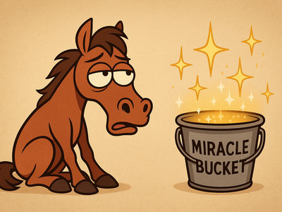 Cartoon horse sitting and looking at glowing bucket labeled "MIRACLE BUCKET".