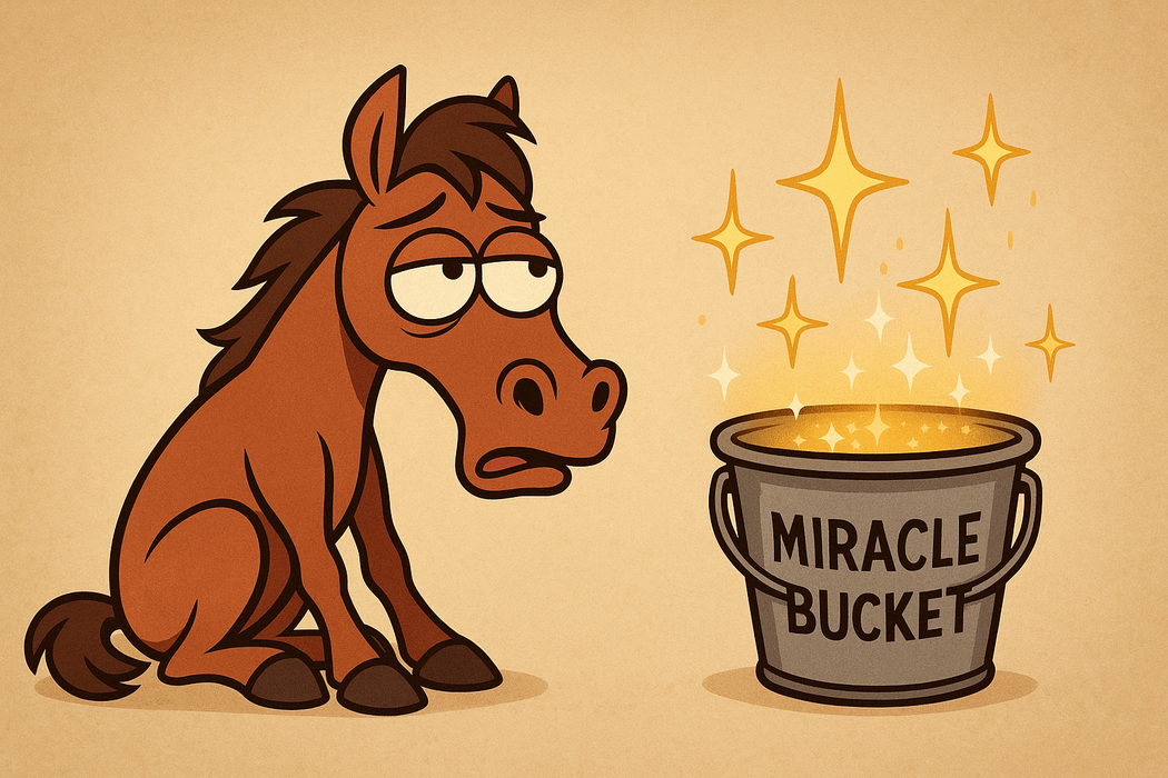 An illustrated horse sitting next to a bucket labeled "Miracle Bucket"