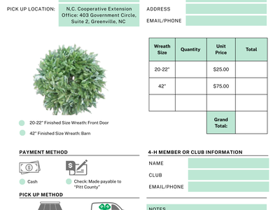 Pitt County 4-H Wreath Sale 2025 order form with pickup details and prices ($25, $75)