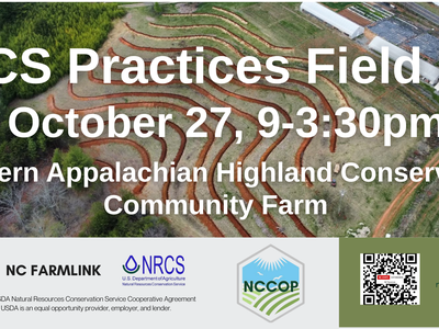 Drone view; text: NRCS Practices Field Day — Oct 27, 9–3:30pm, Southern Appalachian Conservancy Farm