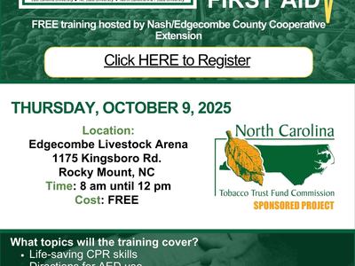 CPR AED First Aid free training Oct 9, 2025, Edgecombe Livestock Arena, Rocky Mount, NC