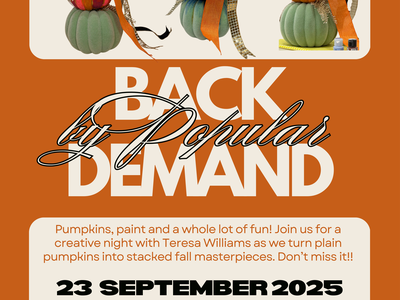 Stacked decorative pumpkins with ribbons; text "BACK by Popular DEMAND" and "23 SEPTEMBER 2025"