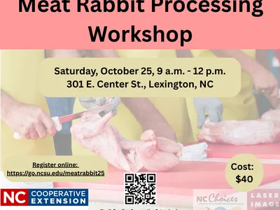 Meat Rabbit Processing Workshop — Oct 25, 9am–12pm, 301 E. Center St., Lexington, NC. Cost $40