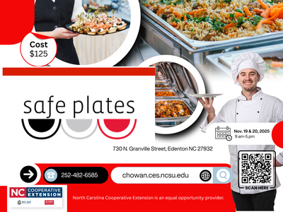Safe Plates food safety class poster with chef, buffet photos, cost $125, Nov 19–20, 2025
