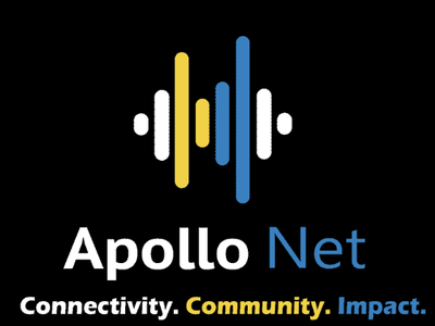 Apollo Net logo with yellow and blue vertical waveform icon and text "Connectivity. Community. Impact."