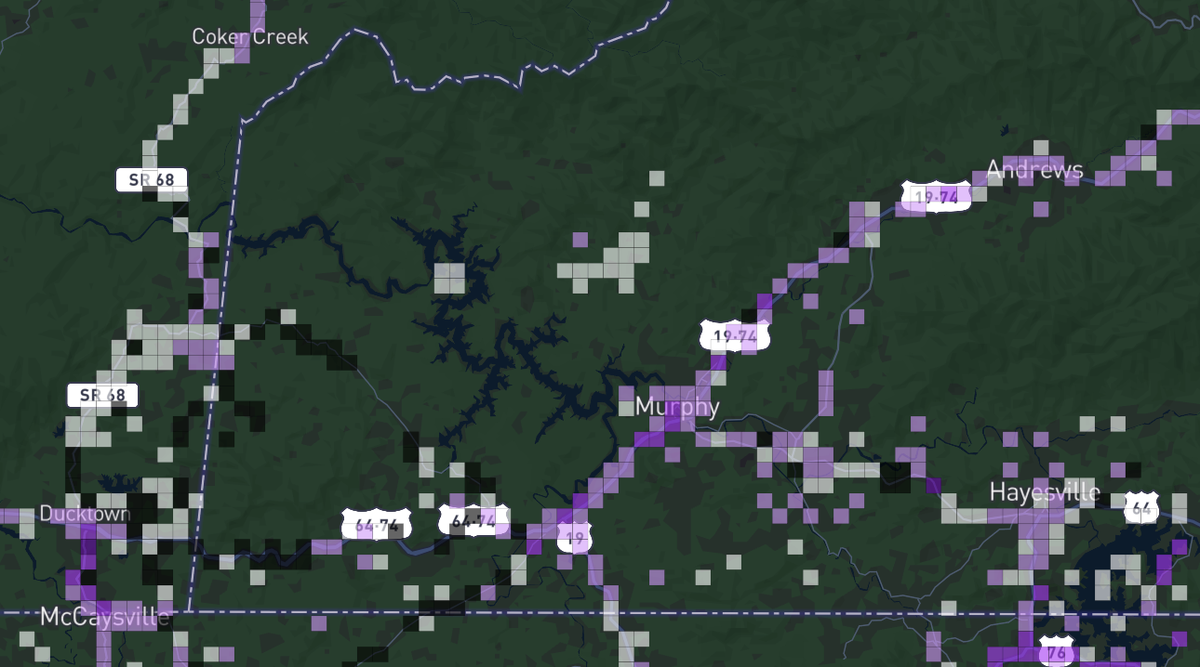 A map of Cherokee County North Carolina showing the availability and strength of cellular telephone service signals.