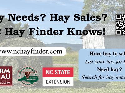 Hay bale and barn with text 'Hay Needs? Hay Sales? NC Hay Finder Knows!' and www.nchayfinder.com