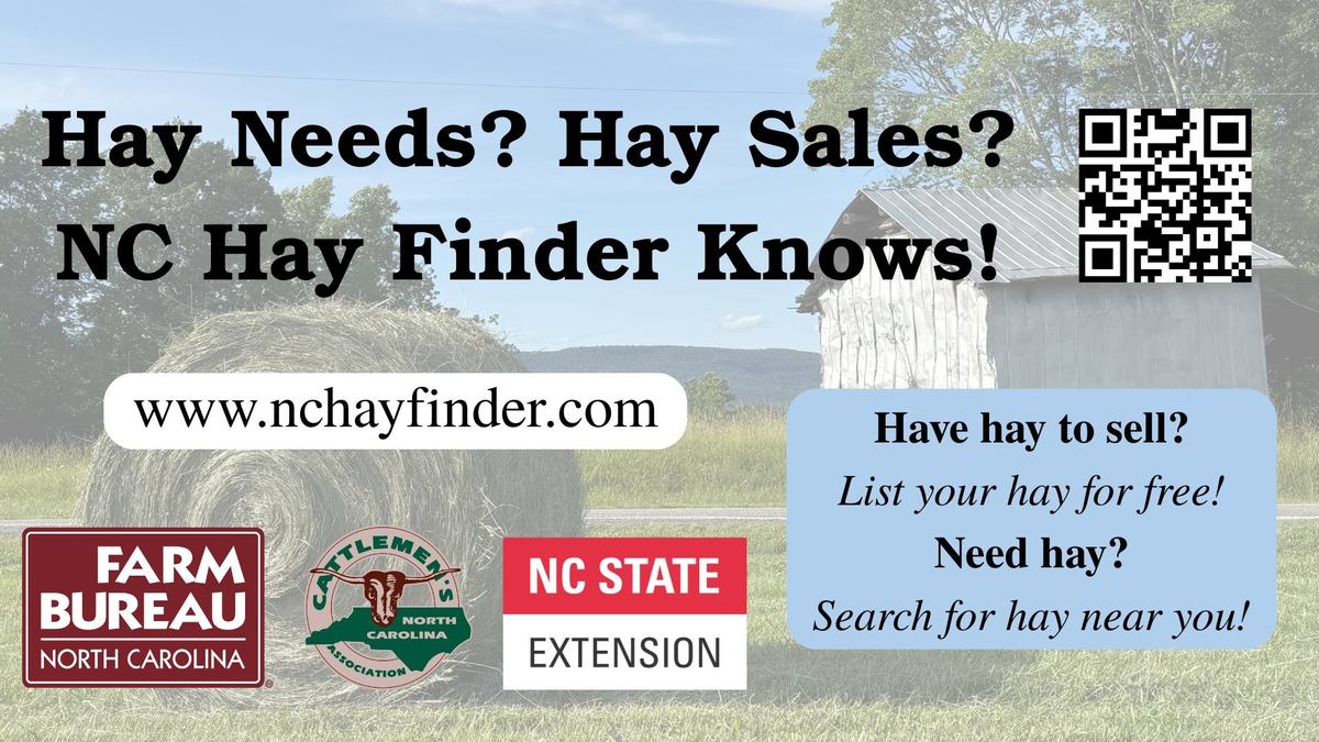 Hay bale and barn with text 'Hay Needs? Hay Sales? NC Hay Finder Knows!' and www.nchayfinder.com