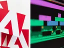 An image of the adobe logo beside a video editing timeline in Premiere Pro