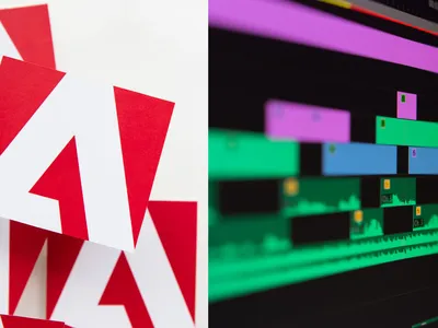 An image of the adobe logo beside a video editing timeline in Premiere Pro