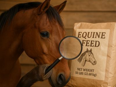 Horse inspecting bag labeled "EQUINE FEED" (net weight 50 lbs) with magnifying glass