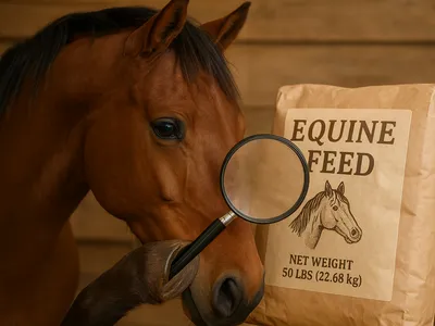 Horse inspecting bag labeled "EQUINE FEED" (net weight 50 lbs) with magnifying glass